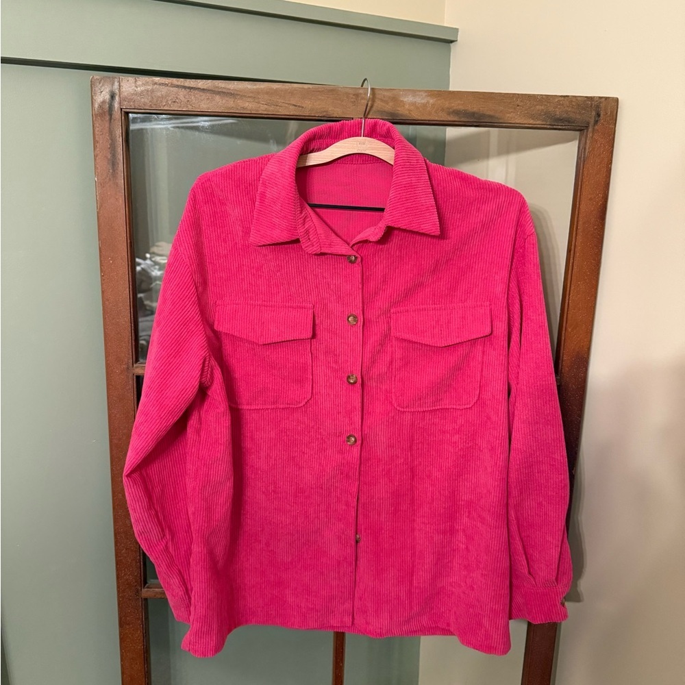 SHEIN Hot Pink Utility Faux Corduroy Ribbed Jacket Flannel Shacket Size Small - Picture 1 of 3